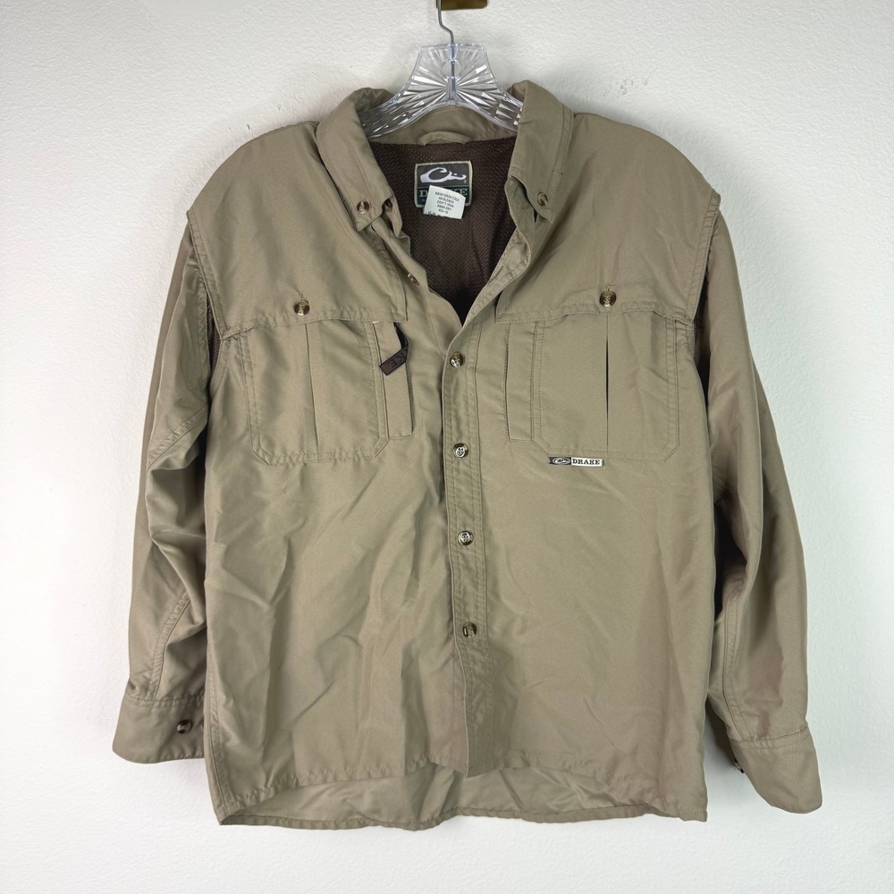 Drake Waterfowl Fishing Shirt Youth 12 Khaki Vented Back Long Sleeve Button Up
